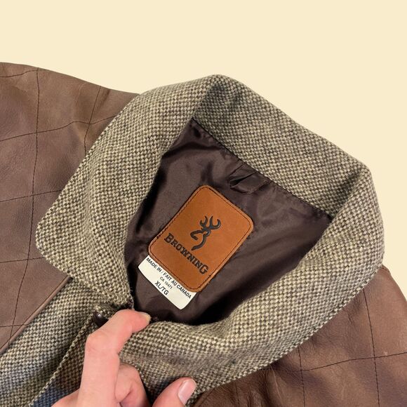 90s XL wool bomber jacket by Browning, vintage wool & leather zip up Canada-made - Picture 5 of 9